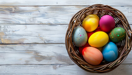 Fototapeta na wymiar Colorful Easter eggs in a basket on a white wooden background