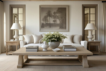 Soft beige hues dominate the living space, where two sofas and a weathered wooden table reside. A...