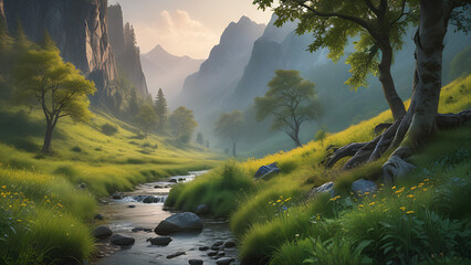 Serene Mountain Valley with Flowing Stream at Sunrise - obrazy, fototapety, plakaty
