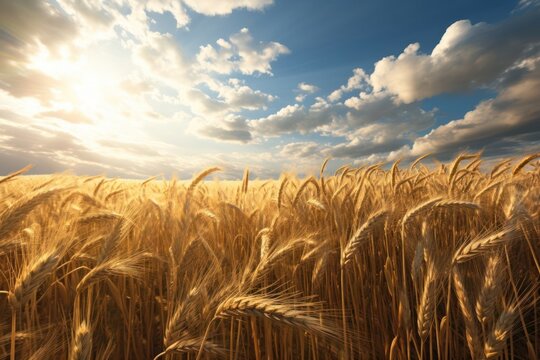 Sunset wheat golden field in the sunset. Growth nature harvest. Agriculture farm.
