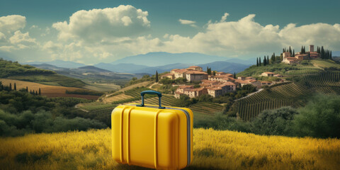 Yellow travel suitcase in the countryside with an old European town and vineyards in the...