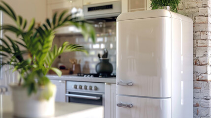Retro style kitchen with white vintage refrigerator and indoor plants.