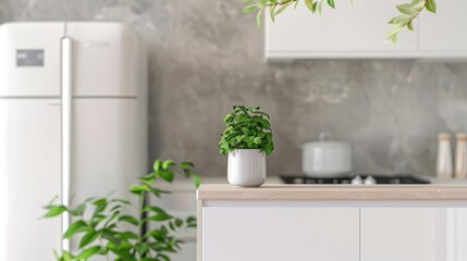 Modern kitchen interior with white refrigerator and a potted basil plant on the countertop.