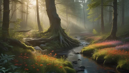 Wandaufkleber Enchanted Forest Stream at Sunrise © CreativeCanvas