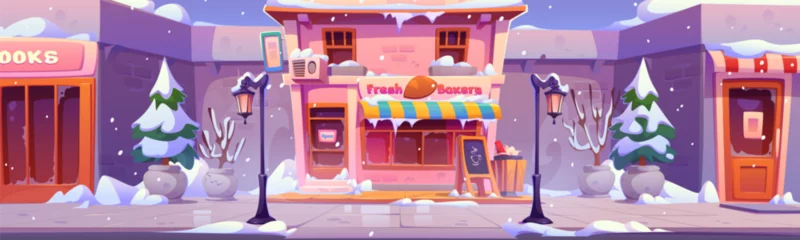 Gordijnen Bakery shop in winter city street. Vector cartoon illustration of urban buildings with windows, doors and store signboards, piles of snow, fir trees and retro lanterns on pavement, cafe exterior © klyaksun