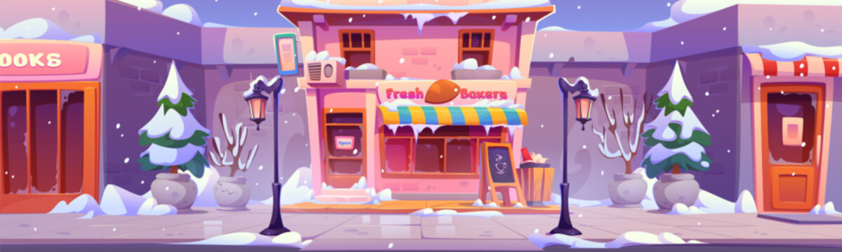 Bakery shop in winter city street. Vector cartoon illustration of urban buildings with windows, doors and store signboards, piles of snow, fir trees and retro lanterns on pavement, cafe exterior