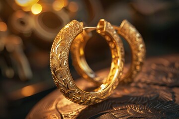   A tight shot of golden hoop earrings against a gold-toned backdrop, illuminated by surrounding lights