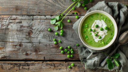 Photo of pea soup with cream in a bowl on a green wooden background - Powered by Adobe