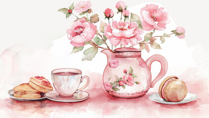Fototapeta na wymiar Watercolor tea set with teapot, cup and pastries on a white background