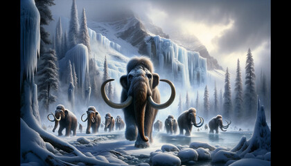 mammoth in the snowy landscape. Generative AI