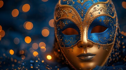   A tight shot of a blue-and-gold mask on a mannequin's head, surrounded by backdrop lights