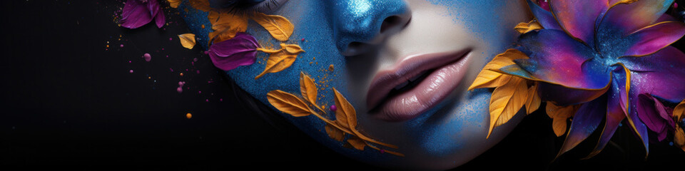 Obraz premium A woman's face is covered in shimmering blue paint with a shiny grainy tint and pink flowers on a black background. Fashion makeup advertising banner mockup.