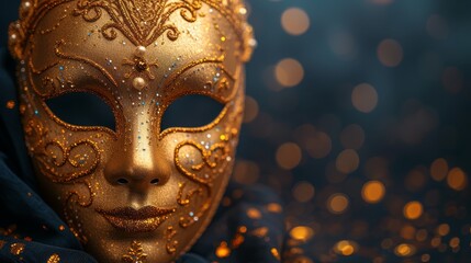   A tight shot of an individual donning a golden mask and a black shawl adorned with gold sparkles - obrazy, fototapety, plakaty