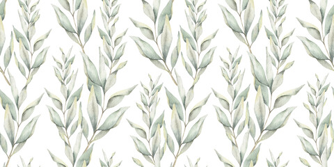 Green branches with leaves. Hand drawn watercolor seamless pattern of Twigs. Summer floral...