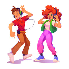 Happy people listen music. Man person with phone and young girl dance and have fun. Female student enjoy song sound in headphones at home isolated icon. Funny action on disco party cartoon graphic - obrazy, fototapety, plakaty