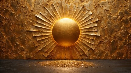   A room featuring a gold sunburst design etched into a stone wall Concrete floor beneath, illuminated by a central light
