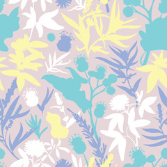 Seamless pattern. Flowers - Burdock, Clover, Achillea Millefolium and grass isolated on the pink background. Hand-drawn illustrations of wildflowers.
