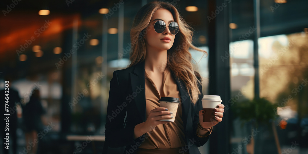 Wall mural A stylish woman with two disposable cups of coffee walks down the street with glass showcases in the background.