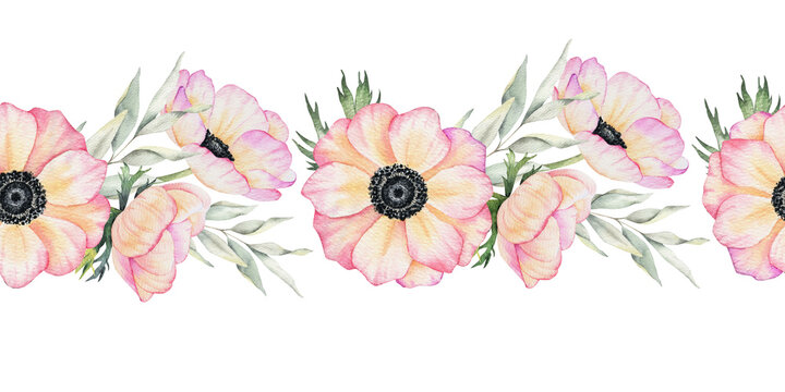 Anemone rose flowers and leaves. Isolated hand drawn watercolor seamless border of pink poppies. Summer floral banner for wedding invitations, cards, packaging of goods