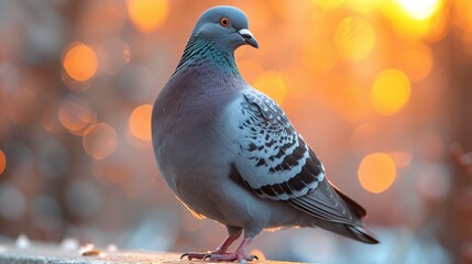   A pigeon stands on a ledge against a blurred backdrop of bustling city lights