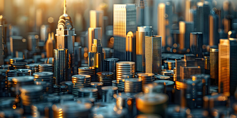 Tilt shift blur effect Abstract futuristic cityscape with modern skyscrapers, Tiltshift aerial view of big city landscape
