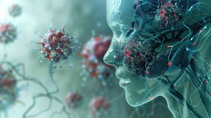 Digital illustration of viruses and human head silhouette representing pandemic.