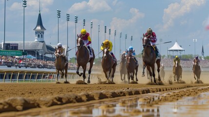 Kentucky derby, race horses with jockeys