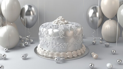 A 3D-rendered cake celebrating an anniversary, with silver icing and delicate lace patterns, surrounded by silver and white balloons against a solid pale grey background.