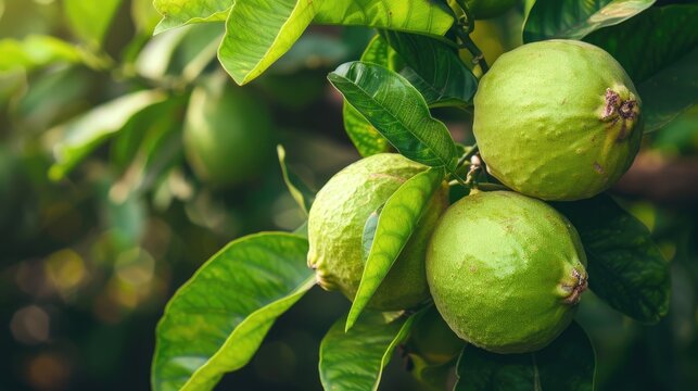 Green guava fruit on tree with raindrops.