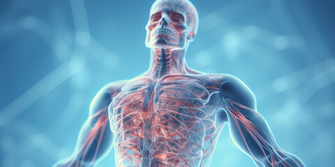  Medical background. Human body 3D scan, A closeup of Human body with skeletal system x ray, A graphic of a human body with the internal organs labeled as lymphatic Generative ai