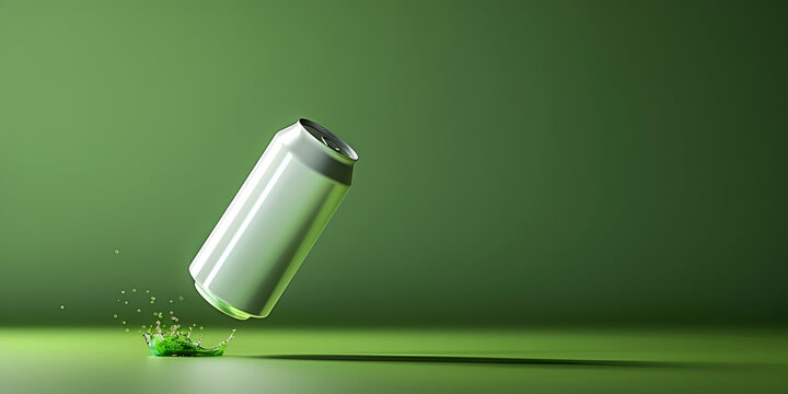 White empty soda floating can on the vibrant green background.  generative ai 