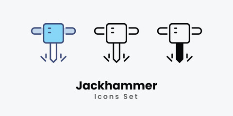 Jackhammer Icons set thin line and glyph vector icon illustration