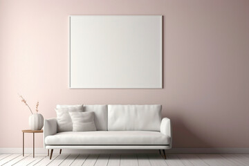 Single sofa chair against a soft-colored wall with an empty frame.