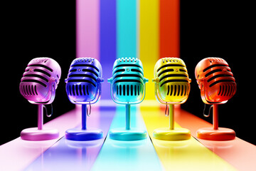 Realistic colorful microphones. 3D studio and stage audio equipment, vintage and modern metal microphones. 3d illustration