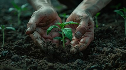 A detailed view of hands nurturing baby cannabis plants, highlighting the agriculture and business aspects of alternative medicine - obrazy, fototapety, plakaty