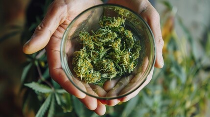 A detailed view on a glass container in hands, revealing quality dried medical marijuana, highlighting the commercial and legal aspects - obrazy, fototapety, plakaty