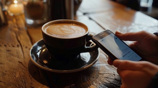 A customer using smartphone contactless payment at a cafe, a close-up on the device capturing the seamless transaction process