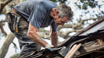 A skilled roofer in action, offering professional install, repair, and replacement services for damaged roofs in a home service setting - obrazy, fototapety, plakaty