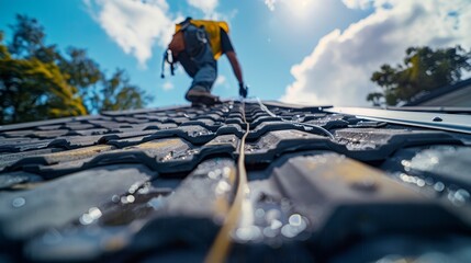 A skilled roofer provides installation, repair, and replacement services, expertly fixing a damaged roof after a fall, in a home service setting - obrazy, fototapety, plakaty