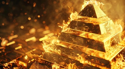 Amidst a volatile market, the gold pyramid arrangement catches fire, symbolizing surging prices and investor alertness - obrazy, fototapety, plakaty