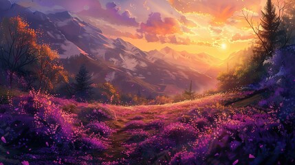 Stunning flowers landscape with sunset vibe ,Generative ai, - obrazy, fototapety, plakaty