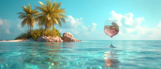    A glass of wine floats on the water's surface, nearby is a tiny island adorned with palm trees © Mikus