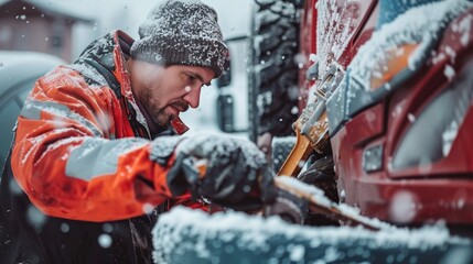 Outdoor repair service in action, with a mechanic fixing a damaged snowplow on a vehicle, ensuring safety post-accident this winter - obrazy, fototapety, plakaty