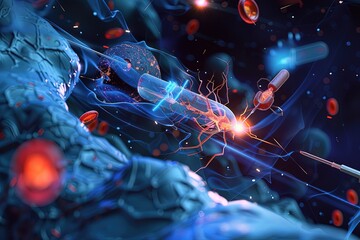 Nanotechnology medicine drug capsules navigating through blood Medicine Microbots: Navigating the Vascular Network - obrazy, fototapety, plakaty