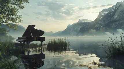 A piano is seen floating in the middle of a lake - obrazy, fototapety, plakaty