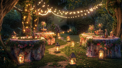 Obraz premium A magical birthday party background set in a garden, with fairy tale lights woven through the trees