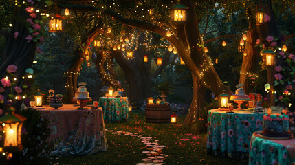 A magical birthday party background set in a garden, with fairy tale lights woven through the trees