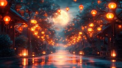 Fototapeta premium A nighttime image of a tree-lined street, lanterns hanging from branches, and a luminous full moon in the sky