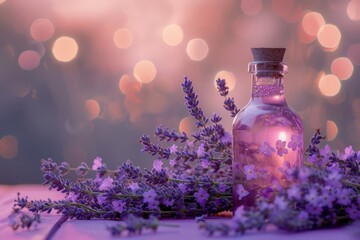   A bottle, brimming with purple blooms, sits atop a wooden table Nearby, a bouquet of similar flowers adorns the surface