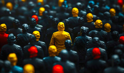 Outstanding Individual in Yellow Standing Out from the Crowd of Uniform Dark Figures, Symbolizing Brand Differentiation and Unique Value Proposition - obrazy, fototapety, plakaty